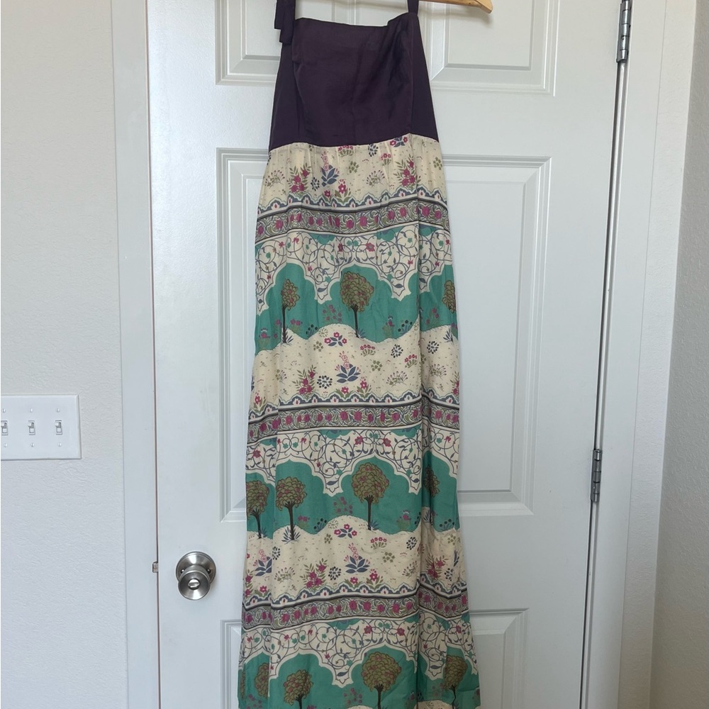 Vintage Anthro Boho Patterned Cotton-Silk Halter Maxi Dress